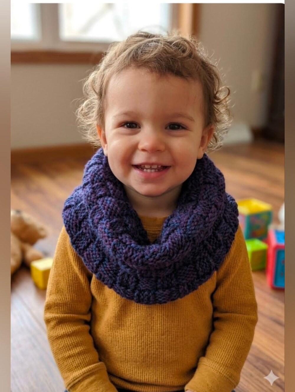 Hand Knit Basket Weave Scarf Hood Purple Blue (Kids)
